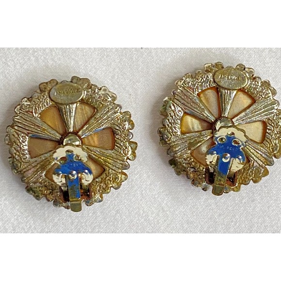 Signed Earrings Large Amber Stone Button Clip On - Picture 5 of 10